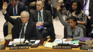英国驻联合国大使格兰特（左）与美国驻联合国大使莱斯在安理会投票支持谴责朝鲜的决议案（22/1/2013）
