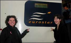 Emma Cook and Kat Brown board a Eurostar train
