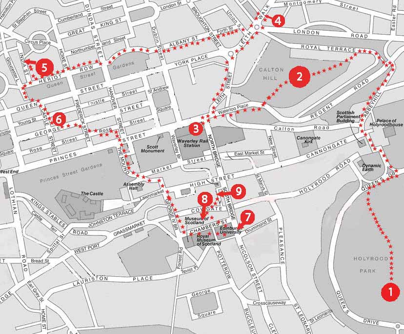 A map of Edinburgh showing the route of the science walk.