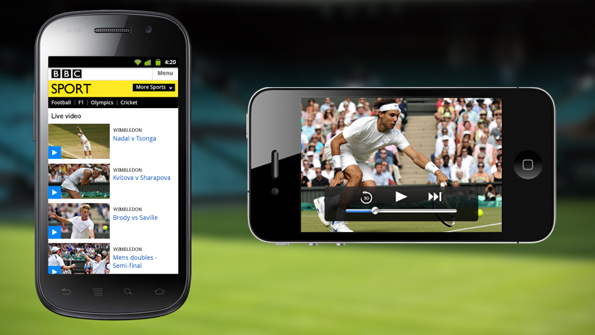 Sport video mocked up on two iPhones - the list of videos and a single video of a tennis match playing.