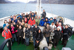 Scientists and artists on the Grigory Mikheev in Disko Bay, Western Greenland. Photo: Nathan Gallagher
