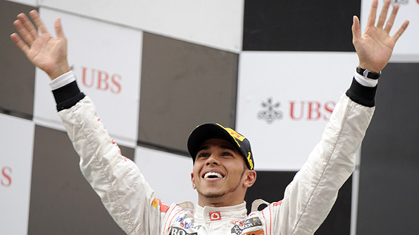 Lewis Hamilton celebrates victory at the Chinese Grand Prix