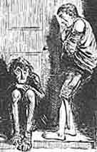 Hand drawn illustration of two ragged looking children standing in a doorway