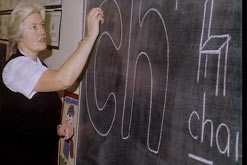 Teacher writing on blackboard