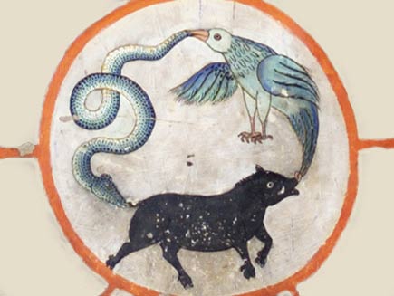 The centrepiece of the wheel diagram. A bird, a snake and a pig are rushing around in a circle, each holding the tail of the next in its mouth.