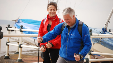 Frances Cottey tries to teach Derek Brockway the basics of Nordic walking