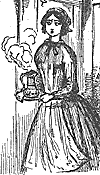 Victorian maid walking into a room with a steaming kettle on a tray
