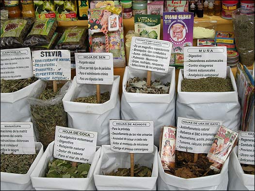 Una tienda exhibe diferentes hojas y plantas curativas