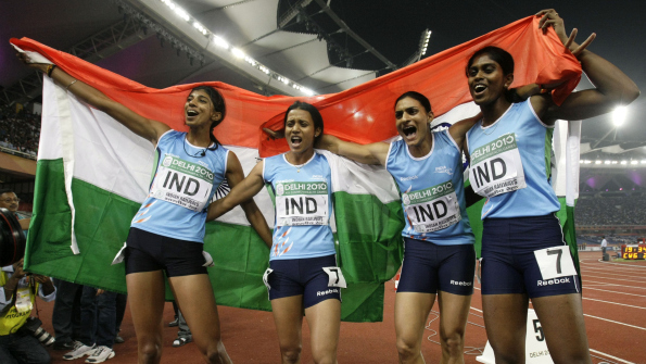 Ashwini Akkunji (left), Sini Jose (far right) and Mandeep Kaur (second from right) won Commonwealth golds