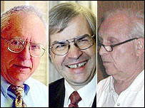 از راست به چپ: روی گلوبر، تئودور هانش و جان هال