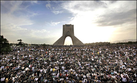 Hundreds of thousands of supporters of opposition presidential candidate Mir Hossein Mousavi turn out to protest the result of the election at a rally in Azadi (Freedom) Square in Tehran, June 15, 2009