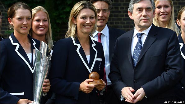 Charlotte Edwards holds the women's Ashes Ball in the Downing Street garden