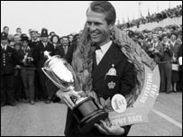 1958: Peter Collins (1929 - 1958) winner of the Daily Express International Trophy Race at Silverstone.