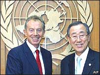 O ex-primeiro-ministro britânico Tony Blair e o secretário-geral da ONU, Ban Ki-moon
