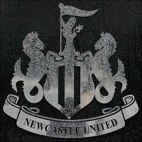 Droplets of rain run down the club crest