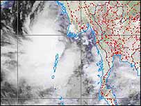 Satellite image from Sentinel Asia, a flood monitoring service, shows the path of the devastating Cyclone Nargis as it formed over the Indian Ocean and made its way towards Burma