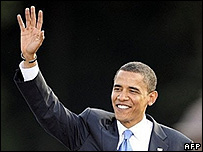 Democrat presidential candidate Barack Obama waving to crowd in Berlin
