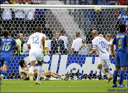 Zinedine Zidane scores for France in the 2006 Fifa World Cup final against Italy