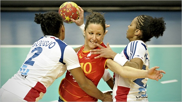Action from Spain v France in 2009's women's World Handball tournament