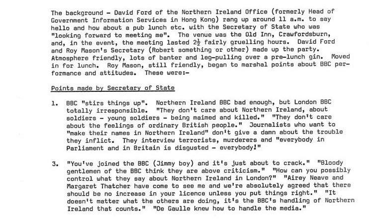 BBC Northern Ireland Controller James Hawthorne on meeting with Roy Mason, January 1978