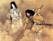 Female and male figures, Izanami and Izanagi, poking a spear down from the clouds
