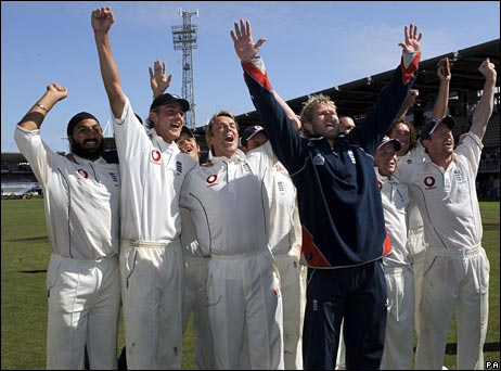 The England players enjoy a sing-song with the Barmy Army after winning the Test series