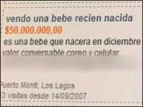 Anúncio da venda do bebê na Internet