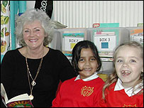 Gwen and schoolchildren