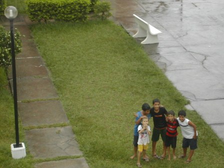 My son and friendsin the rain.