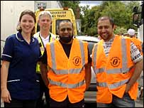 Smiles after a water delivery from Leicester