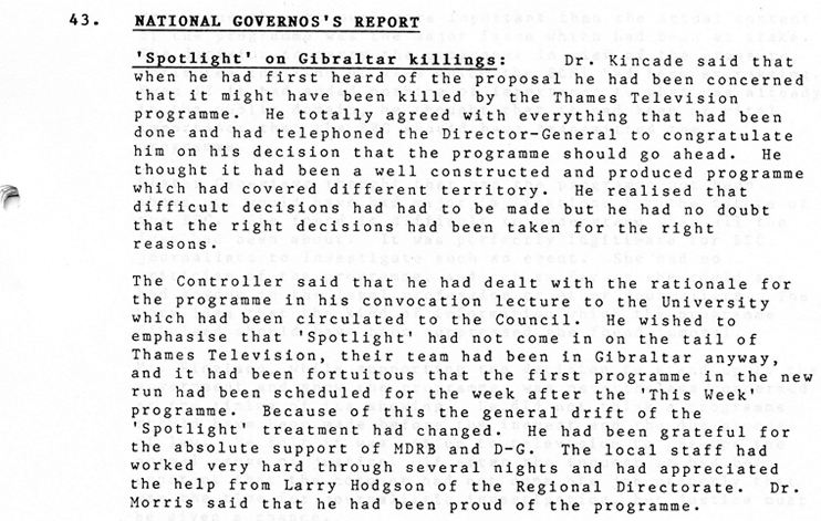 Extract of Minutes from Broadcasting Council Northern Ireland 25th May 1988. Spotlight on Gibraltar Killings