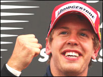 Sebastian Vettel of Red Bull Racing celebrates winning the 2009 British Grand Prix