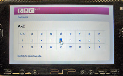 Screenshot of BBC Podcasts on the Sony PSP