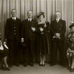 From left to right: Mrs Grace Lind, Sister to the Bride and Matron of Honour; Frank Sparkes, best man and brother to the Groom; The Groom, Tom Sparkes; His Bride, Alice; Bride's parents Mr and Mrs J Fryer.