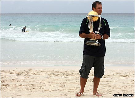 Ricky Ponting relaxes on a Barbados beach in 2007 with the World Cup