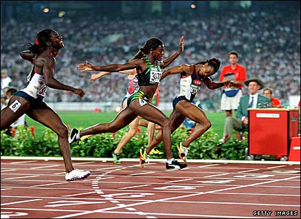Merlene Ottey (centre) came closest to winning Olympic gold in the 100m at the 1996 Atlanta Games