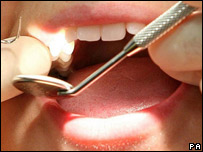 A mouth being treated by a dentist