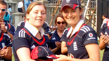 Heather Knight receiving her England cap from Captain Charlotte Edwards 2010.