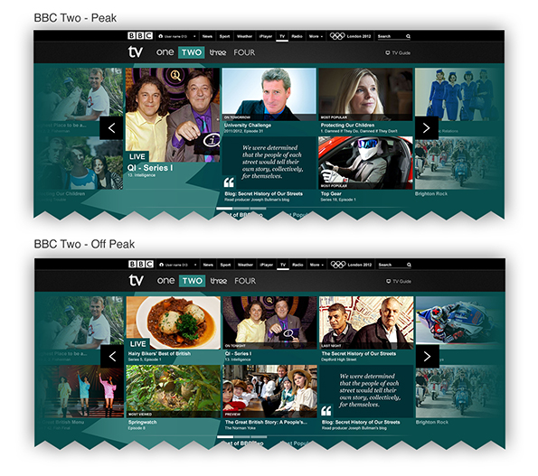 Two versions of the BBC Two homepage, with the