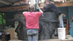 Boyesen and his team building the miner's head and helmet of the sculpture
