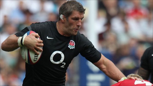 Simon Shaw holds off a Wales defender in England's 23-19 win at Twickenham in their first warm-up Test