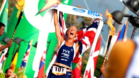 Chrissie Wellington winning the Ironman triathlon world championship 2009. Copyright: Cannondale