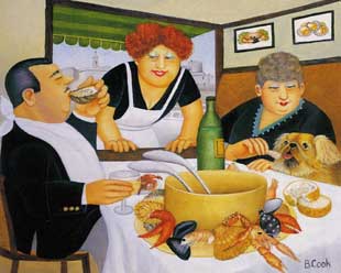 Bouillabaise in Marseille by Beryl Cook Description: oil/panel Size: 29 x 36cms (11 x 14ins) Courtesy of Portal Gallery, London
