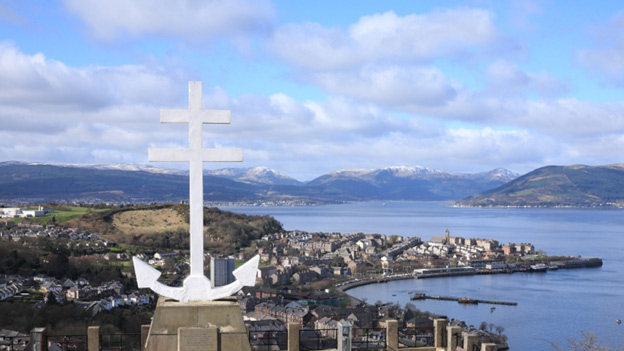 The memorial to the Free French navy at Lyle Hill, Greenock, with the town of Gourock and the River Clyde below