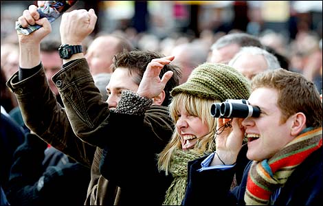 Punters celebrate a winner during day one of the Cheltenham Festival (Getty image)