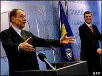 EU High Representative for Foreign Affairs Javier Solana with Kosovo PM Hashim Thaci in Pristina