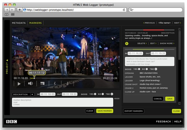 SMPTE timecode based and frame accurate metadata logging is now possible over the web with HTML5. This image is a screen shot of what a prototype tool to do this might look like.
