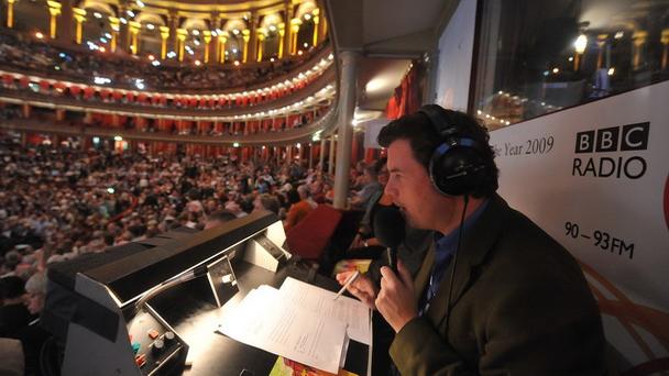 The Proms on radio, on TV and on demand. Presenter Petroc Trelawny in the radio box for the Proms at the Royal Albert Hall.