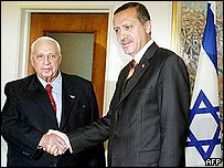 Tayyipr Erdoğan ile Ariel Şaron el sıkışıyor