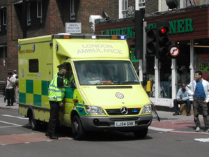 Ambulance on standby near Warren Street